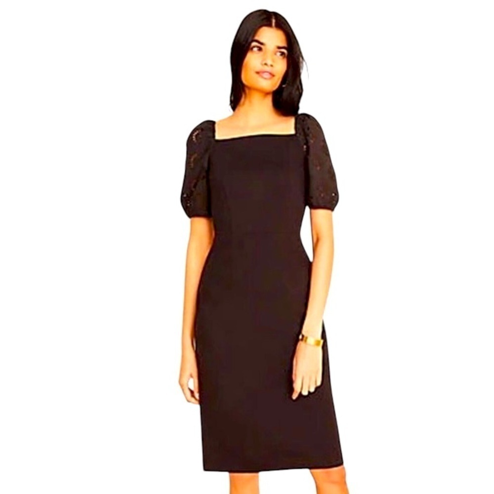 NWT ann Taylor black square neck dress short puffed laser cutout sleeves size 6p